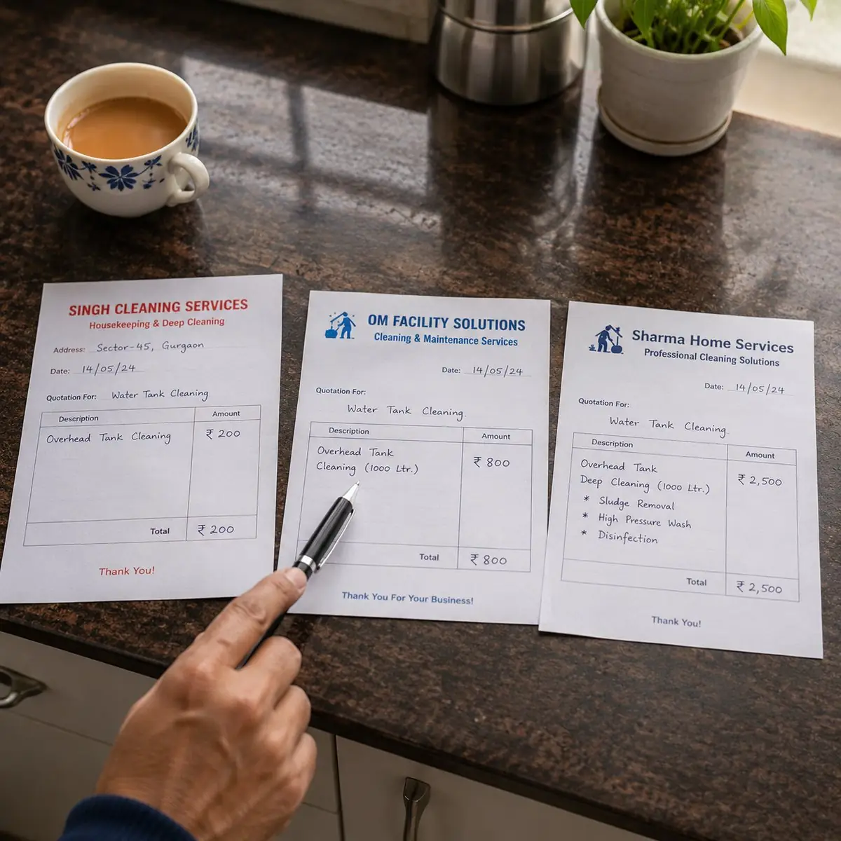 Three water tank cleaning quote slips side-by-side on a Delhi kitchen counter showing dramatically different prices - 200 rupees, 800 rupees and 2,500 rupees - illustrating Delhi's wide price range for the same tank cleaning job