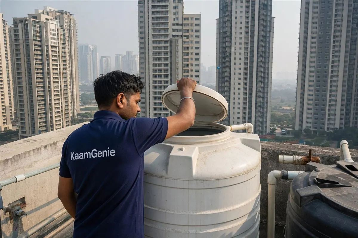KaamGenie worker in a navy shirt opening a rooftop water tank on a Gurgaon high-rise terrace on a bright pre-summer morning, with more towers behind