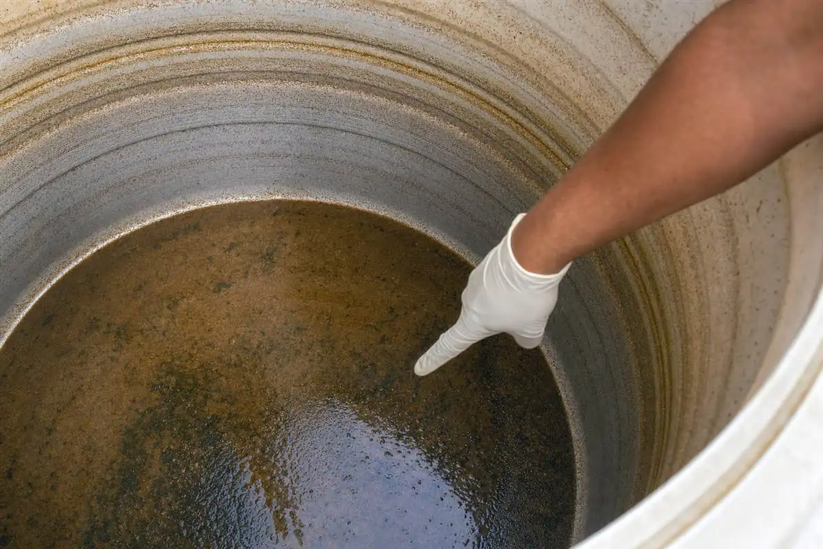 Close-up of muddy brown sediment and algae at the bottom of an open Gurgaon water tank, a gloved hand pointing to the layer