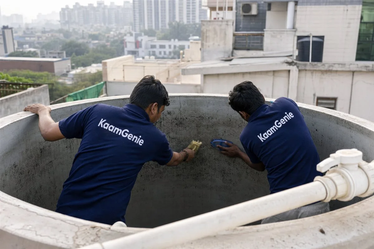 Two KaamGenie workers in navy shirts scrubbing the inside walls of a large overhead water tank in Gurgaon