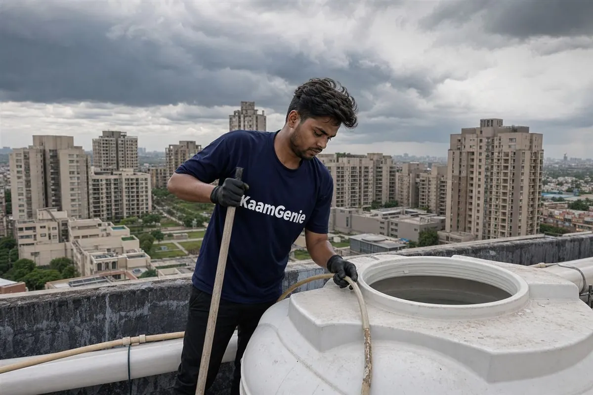 KaamGenie crew cleaning a rooftop water tank in Noida under a heavy pre-monsoon sky, residential towers behind