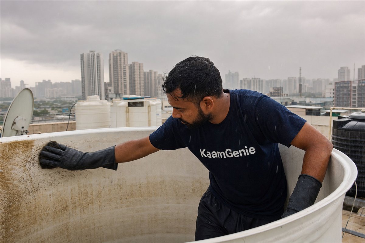 Rainwater runoff and debris near the lid of a rooftop water tank in Noida during monsoon, water pooling around the tank base