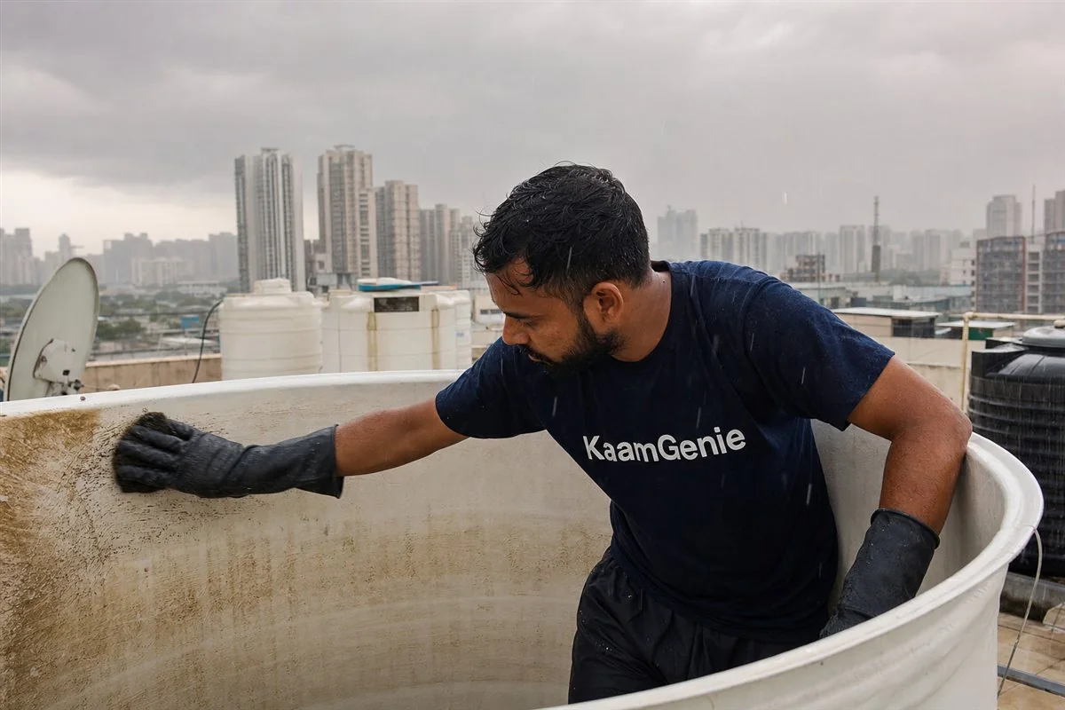 Rainwater runoff and debris near the lid of a rooftop water tank in Noida during monsoon, water pooling around the tank base