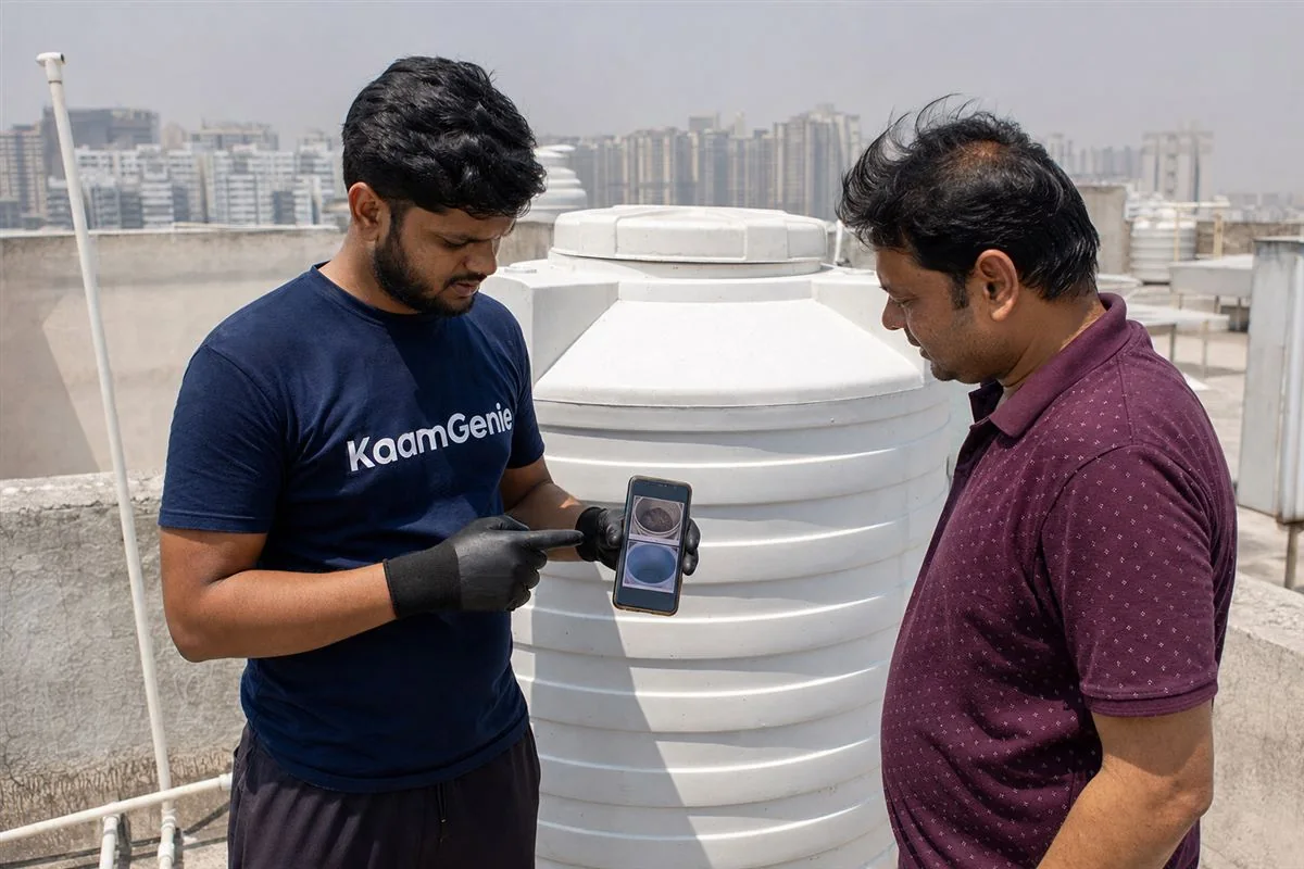 KaamGenie crew cleaning an underground water reservoir at a Gurgaon condominium while recording before and after photos on a tablet