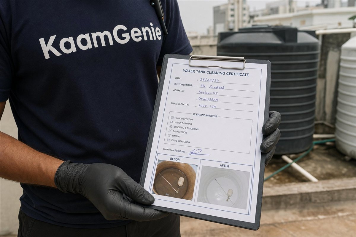 Gurgaon resident on the phone holding a checklist while a KaamGenie crew prepares equipment beside a rooftop tower tank