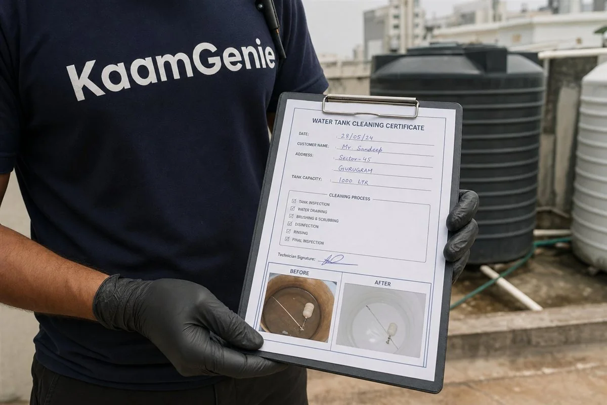 Gurgaon resident on the phone holding a checklist while a KaamGenie crew prepares equipment beside a rooftop tower tank
