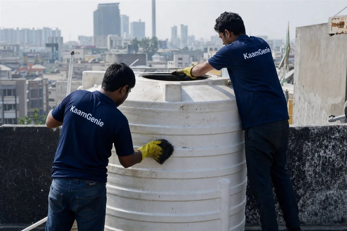 Two workers in navy KaamGenie shirts hand-scrubbing the inside of a Noida rooftop tank thoroughly with food-grade brushes