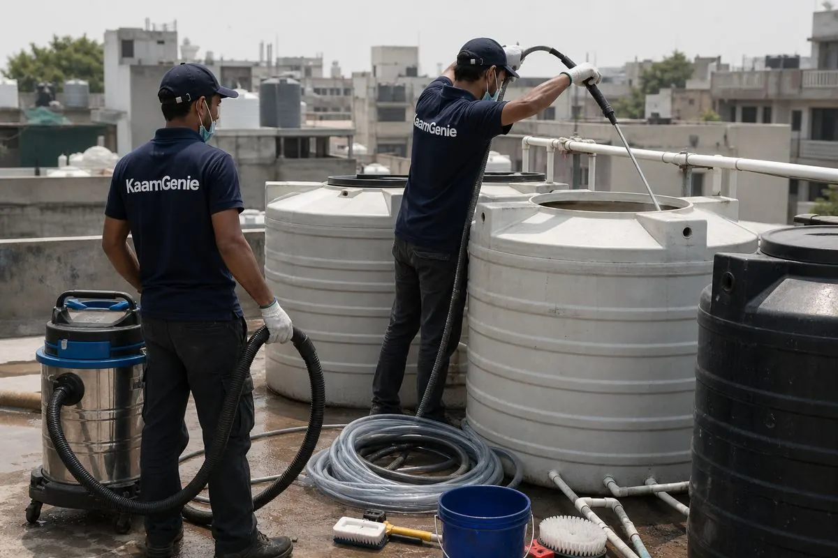 KaamGenie crew cleaning a water tank in Bharat Nagar, Delhi