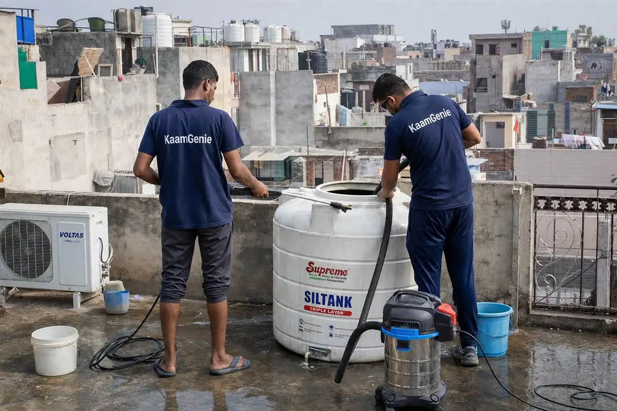 KaamGenie crew cleaning a water tank in Bhati, Delhi