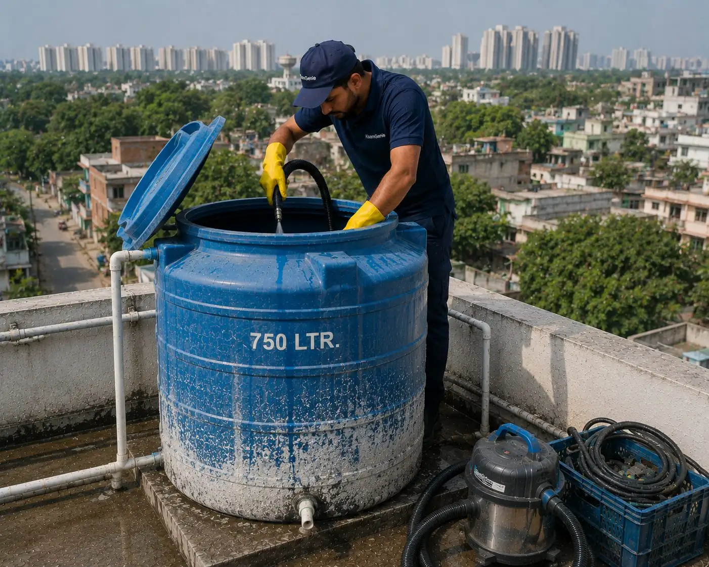 KaamGenie crew cleaning a water tank in Bijwasan, South Delhi