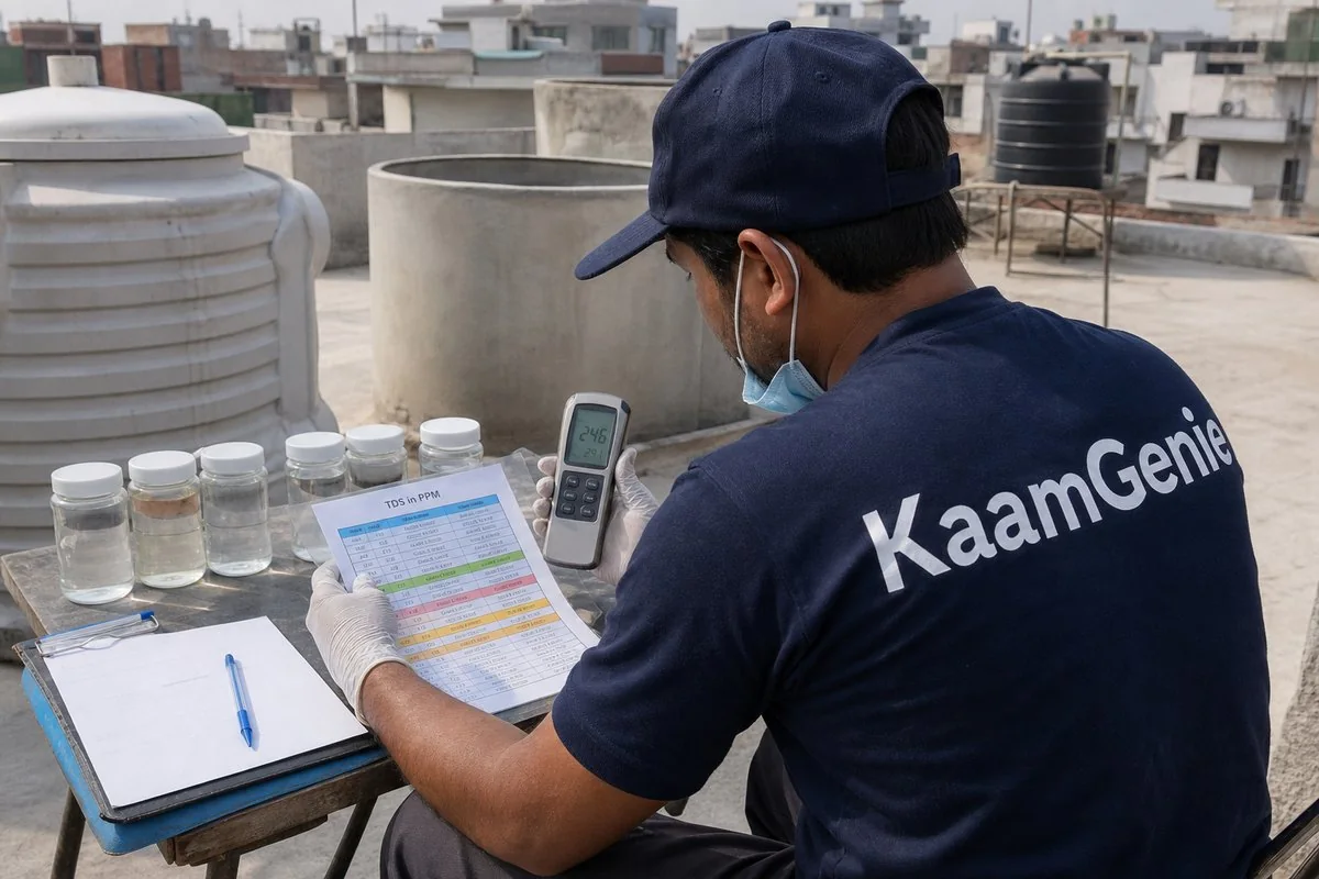 Technician comparing a TDS meter reading against a reference chart on a Delhi rooftop