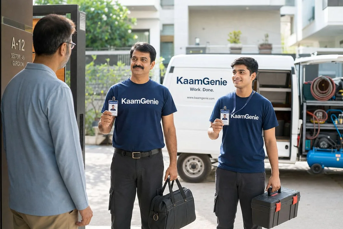 KaamGenie crew showing photo IDs at a Delhi residential home entrance with equipment van behind