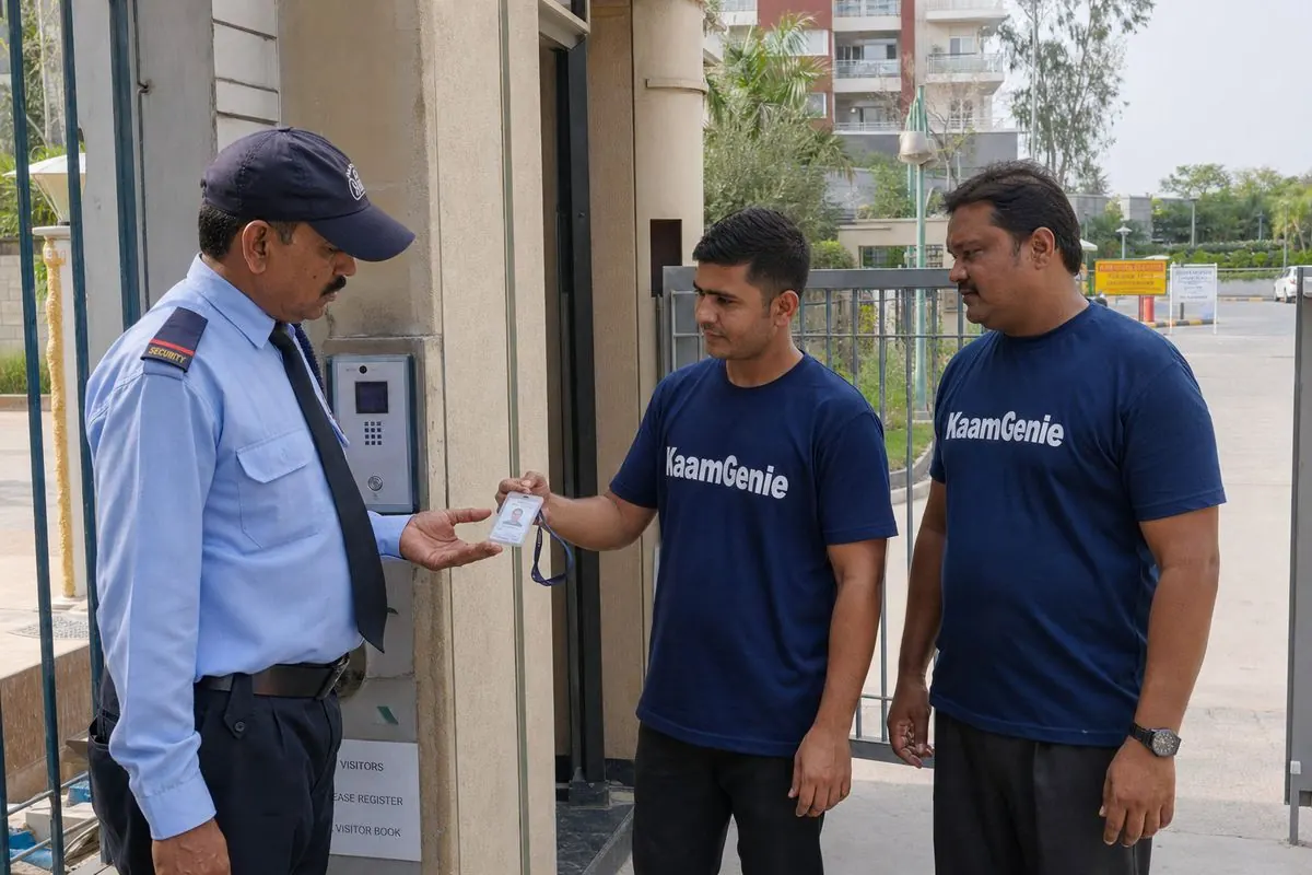 KaamGenie crew member showing photo ID badge to a security guard at a Delhi society gate