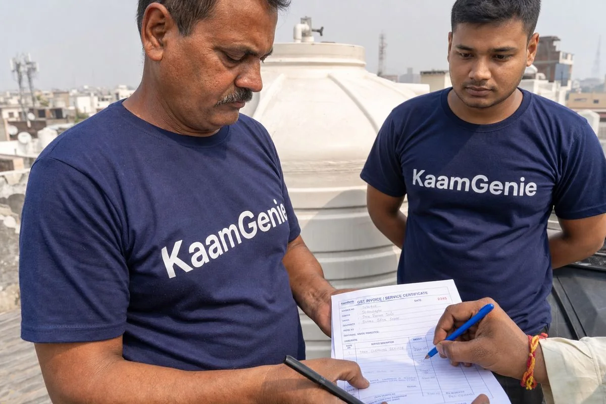KaamGenie crew member handing GST invoice and cleaning record to a Delhi homeowner