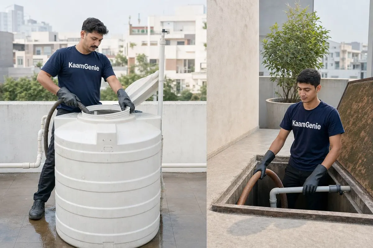 KaamGenie crew split scene showing overhead rooftop tank and underground sump cleaning side by side in Delhi