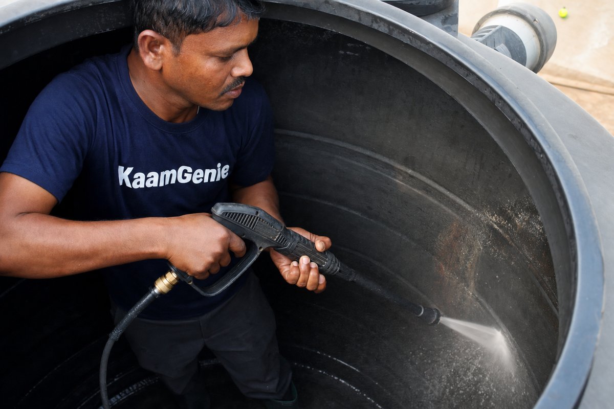 Close-up of KaamGenie crew operating a high-pressure jet wash inside an overhead rooftop water tank in Delhi