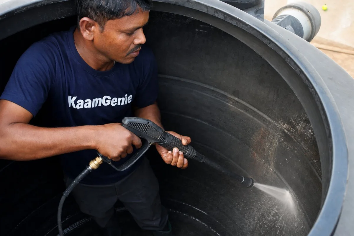 Close-up of KaamGenie crew operating a high-pressure jet wash inside an overhead rooftop water tank in Delhi