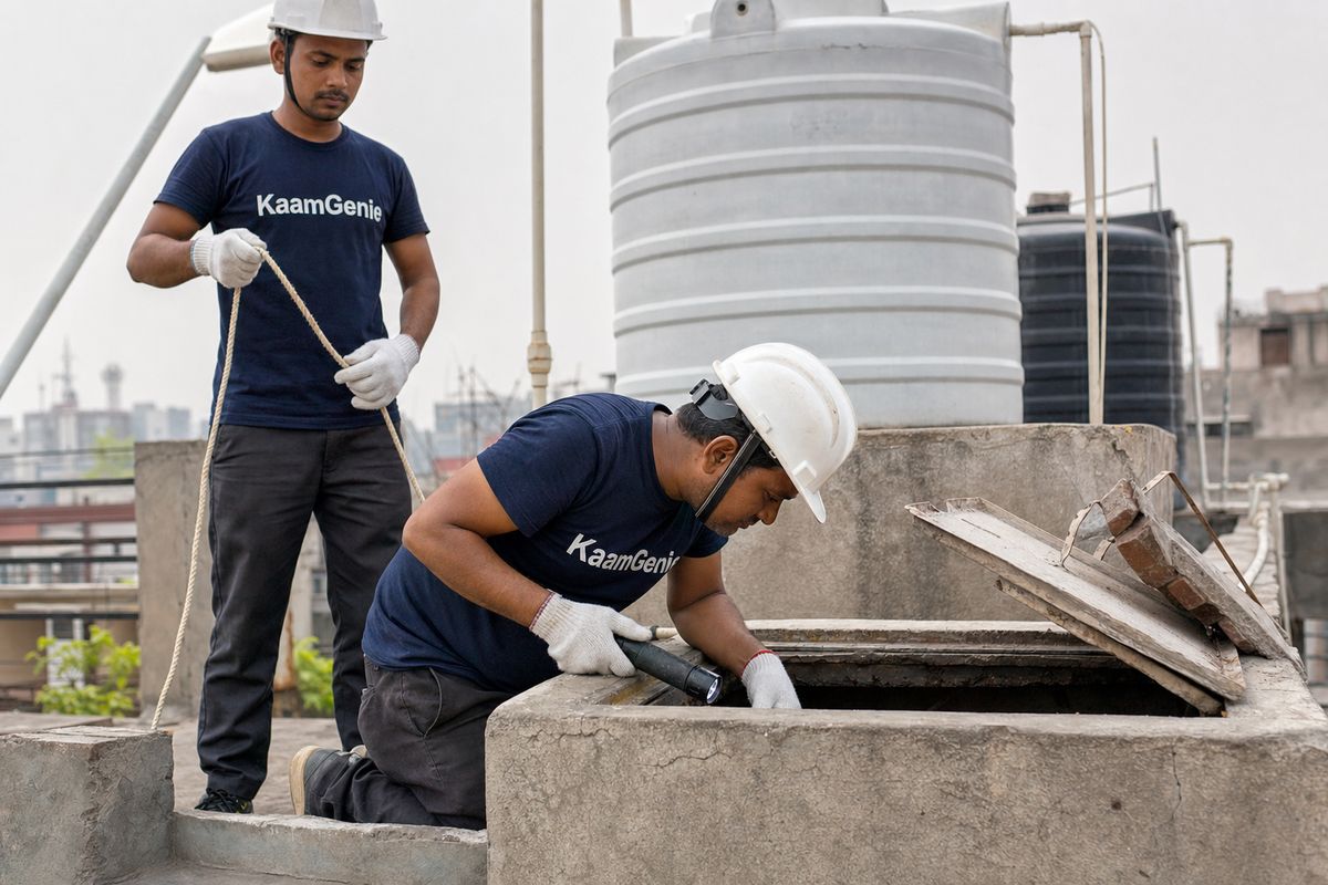 KaamGenie crew with safety gear at the open hatch of an underground concrete sump in Delhi