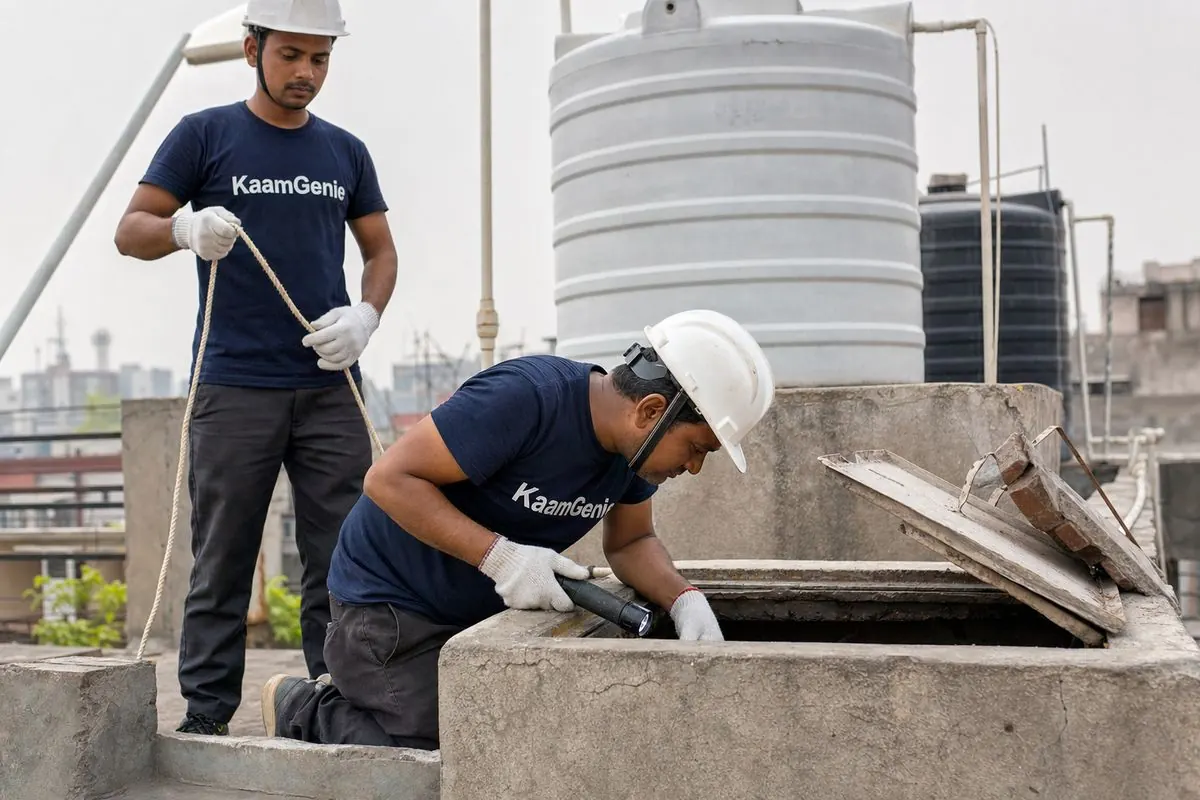 KaamGenie crew with safety gear at the open hatch of an underground concrete sump in Delhi
