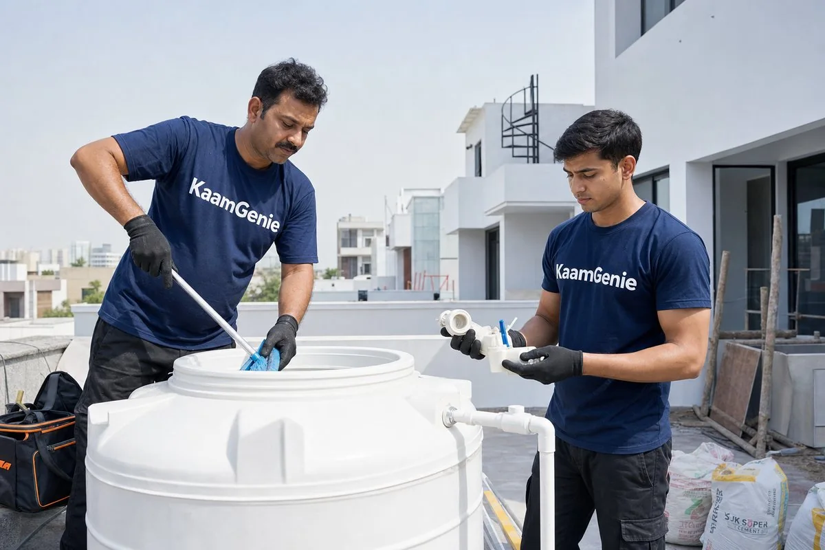 KaamGenie crew cleaning a brand-new water tank on a freshly constructed Delhi flat or bungalow rooftop