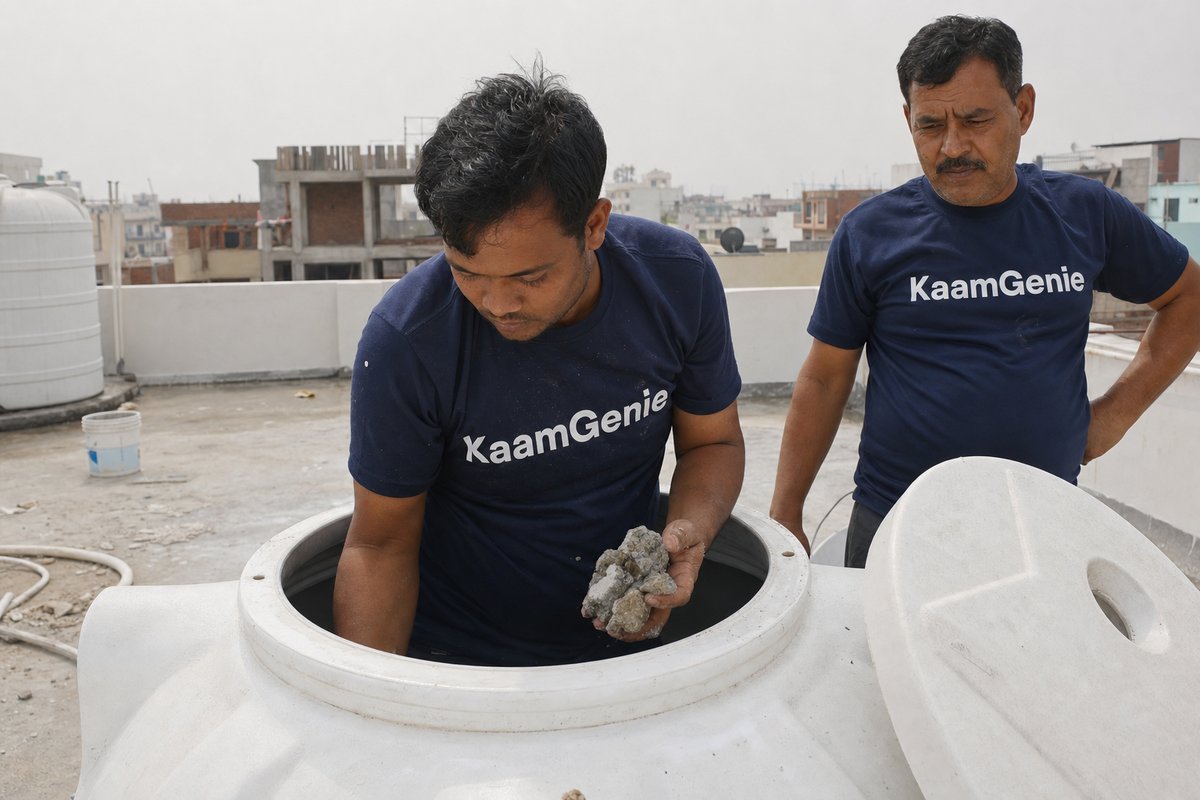 KaamGenie crew removing construction debris like cement chunks and small stones from inside a new water tank in Delhi