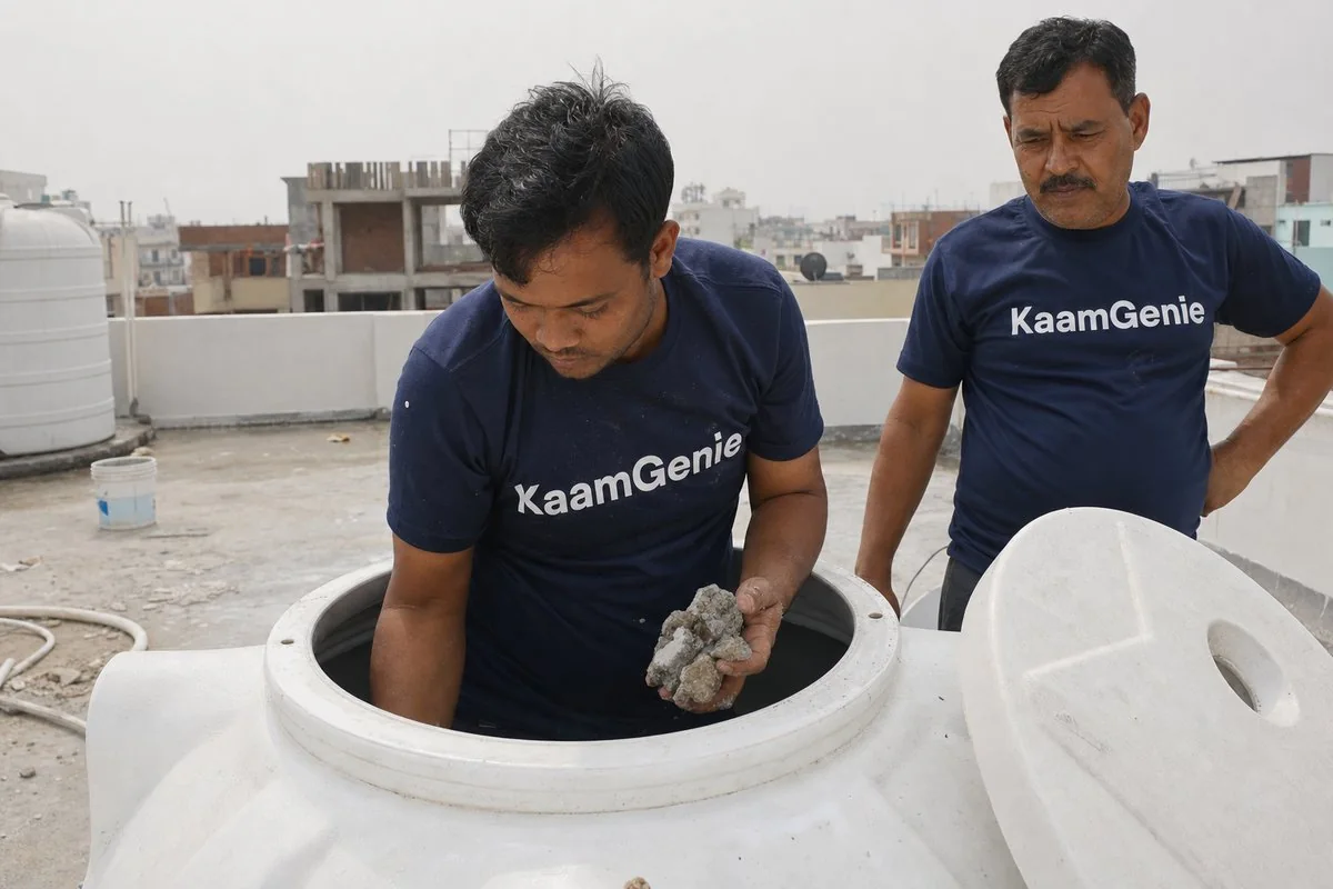 KaamGenie crew removing construction debris like cement chunks and small stones from inside a new water tank in Delhi