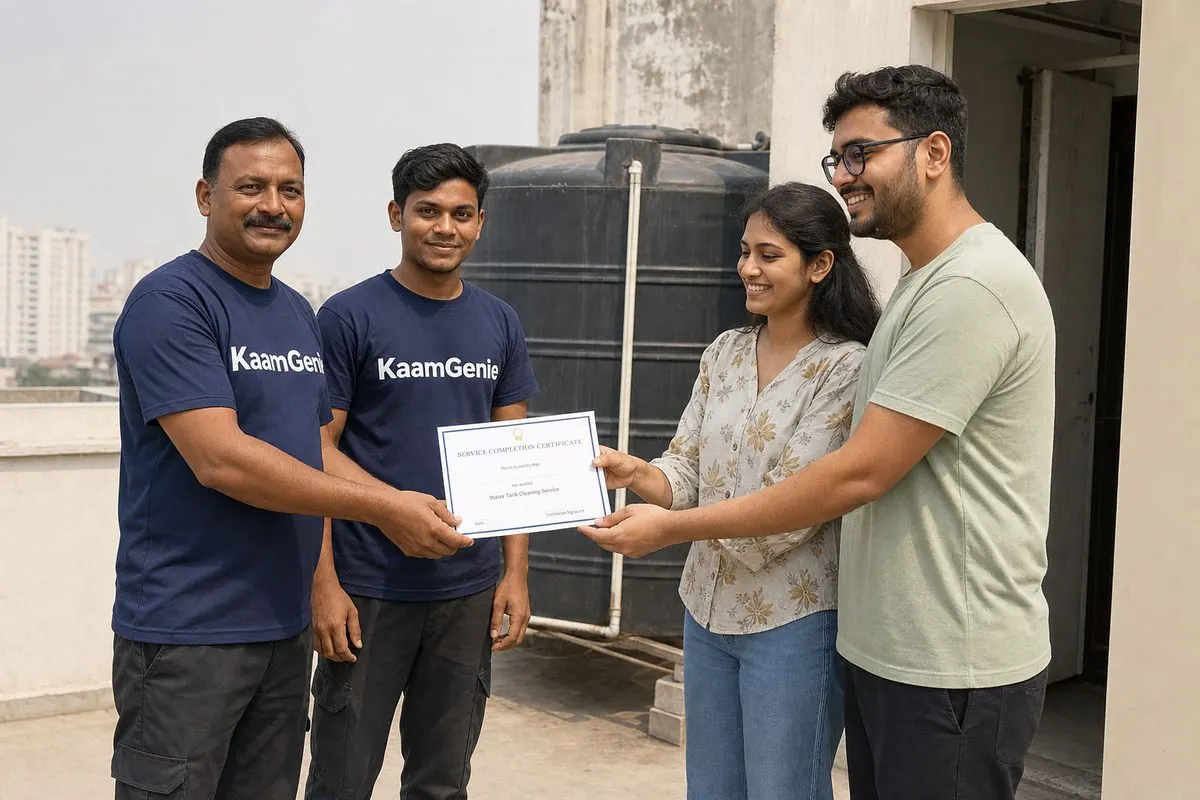 KaamGenie crew handing cleaning record to new Delhi homeowners after first tank cleaning