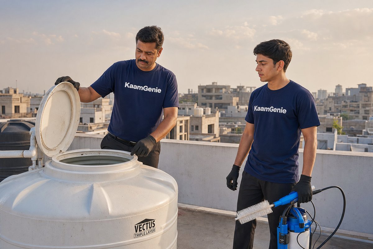 KaamGenie crew performing pre-monsoon water tank cleaning on a Delhi rooftop with April-May haze in the background