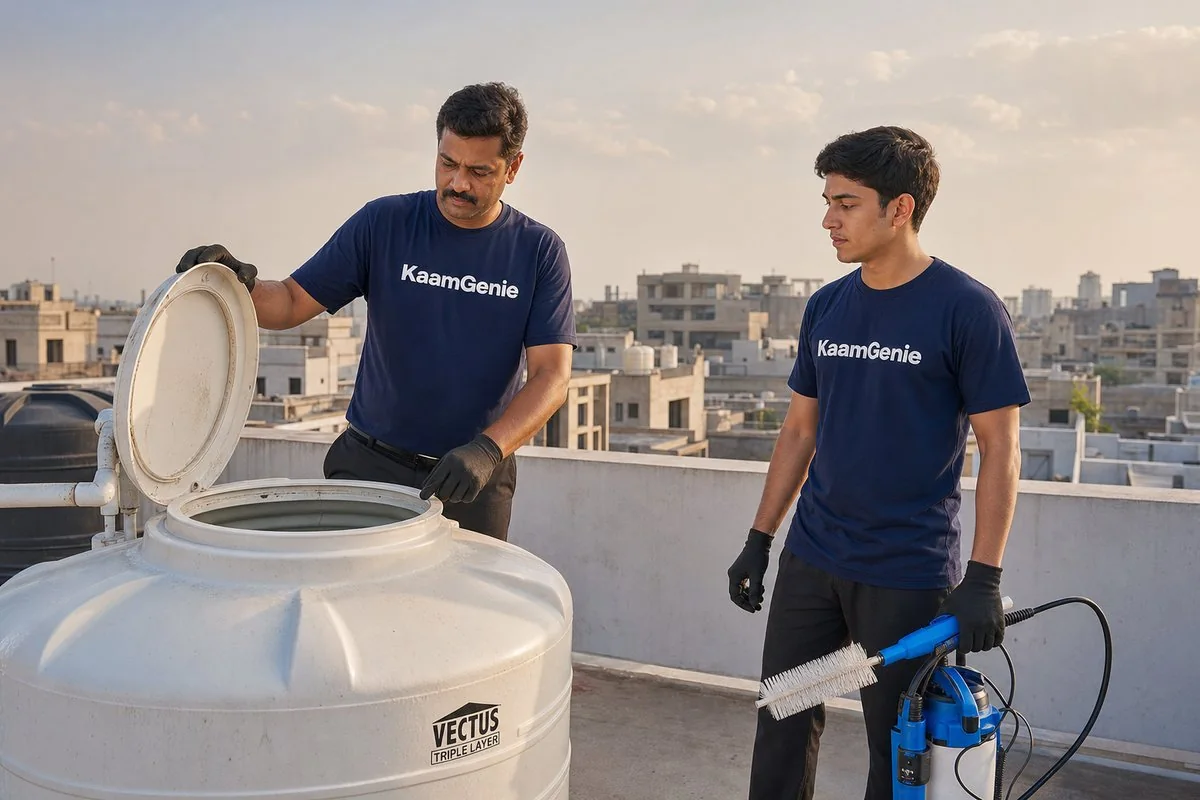 KaamGenie crew performing pre-monsoon water tank cleaning on a Delhi rooftop with April-May haze in the background