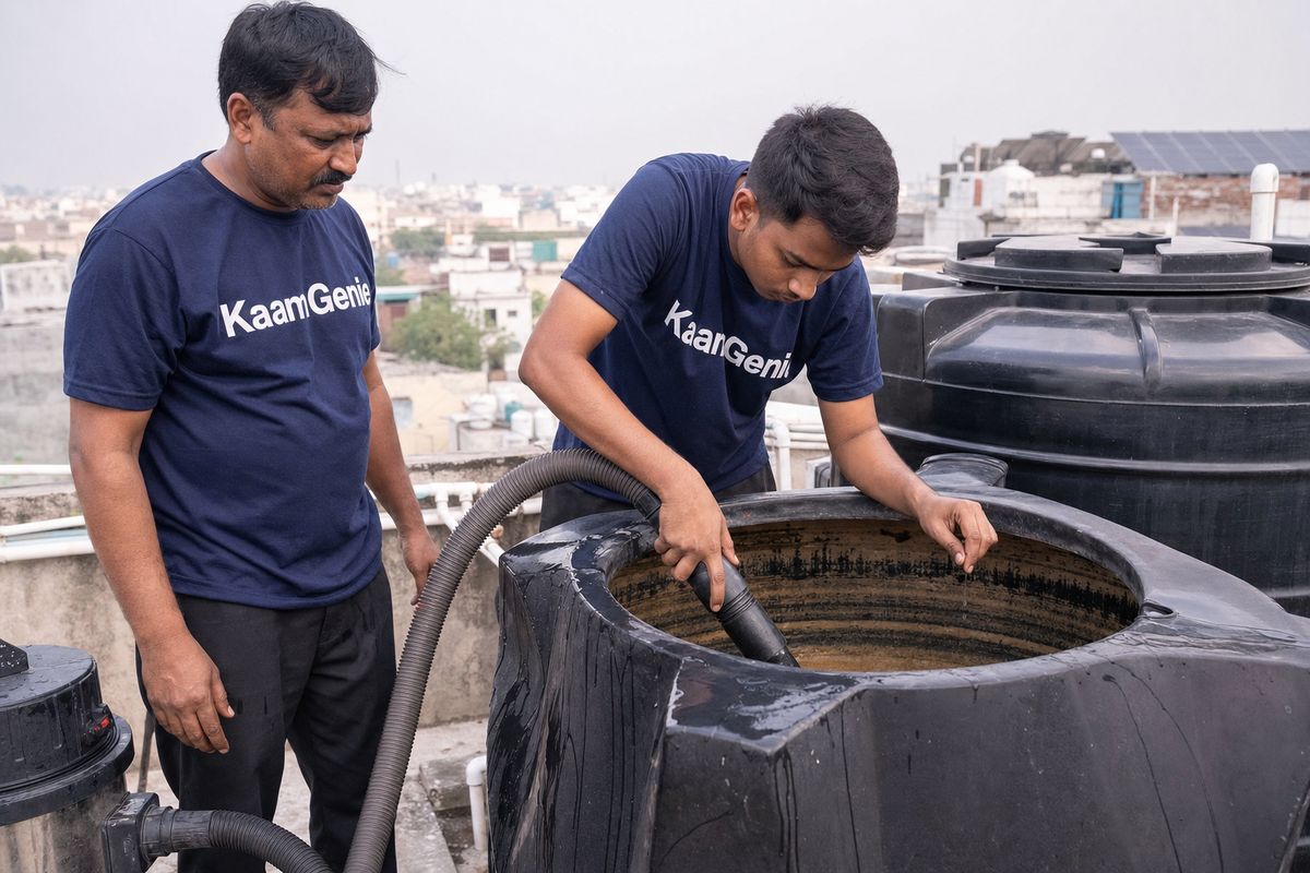 KaamGenie crew vacuuming sediment and dust from a Delhi rooftop water tank before monsoon