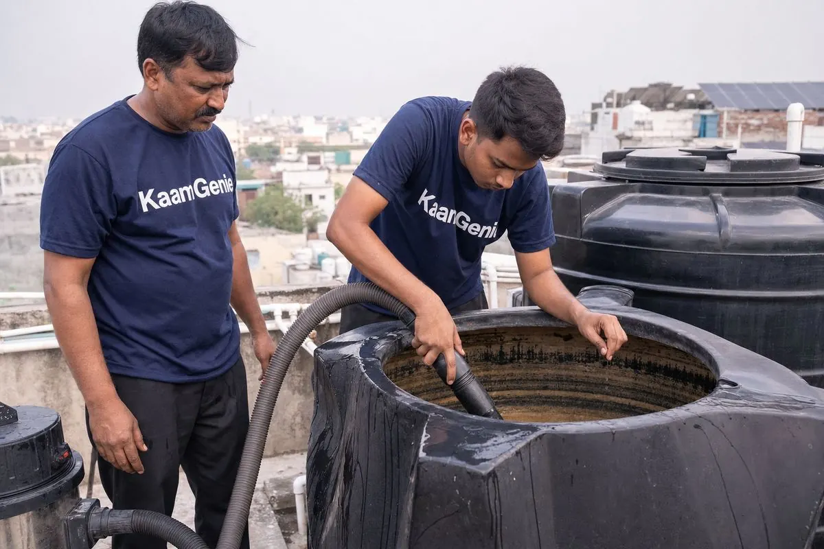 KaamGenie crew vacuuming sediment and dust from a Delhi rooftop water tank before monsoon