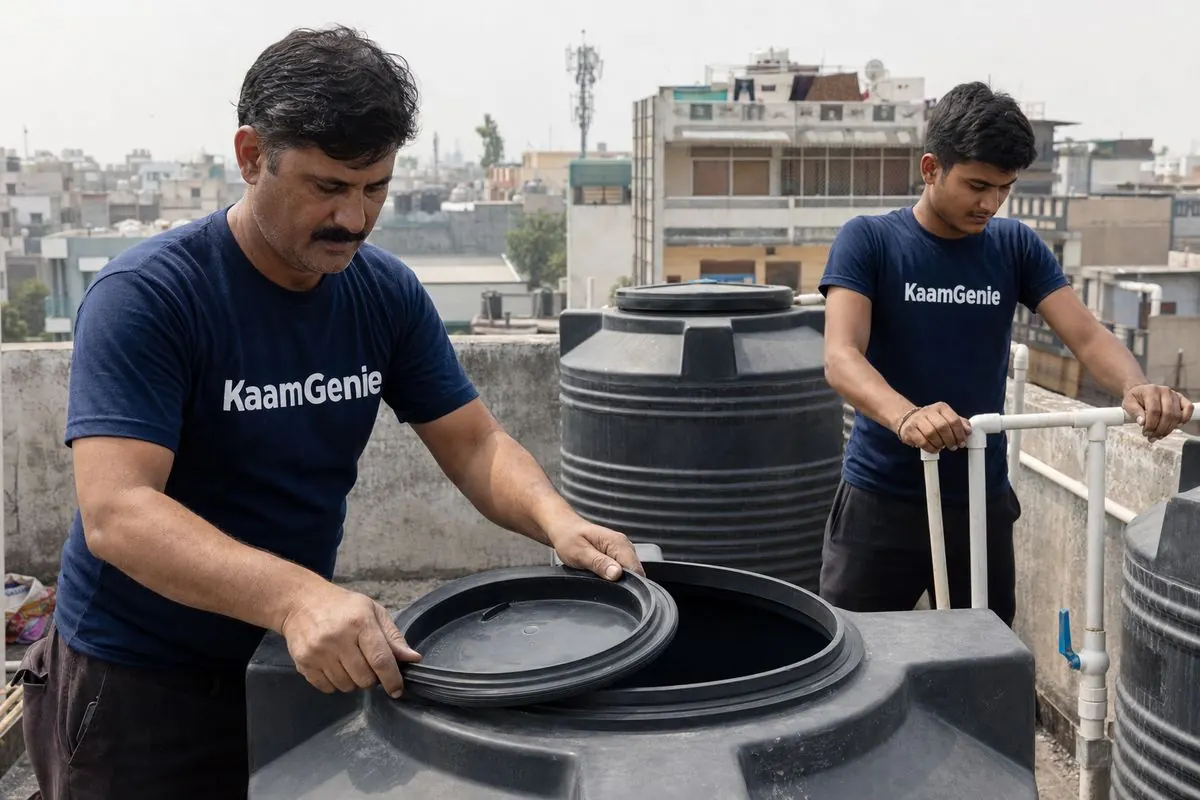 KaamGenie crew sealing the tank lid with a new rubber gasket after pre-monsoon cleaning