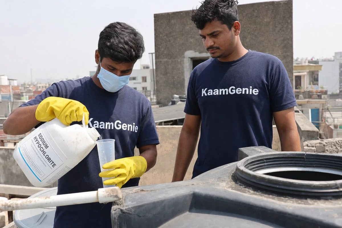 KaamGenie crew member measuring food-grade sodium hypochlorite from a labelled jerrycan for sump disinfection in Delhi