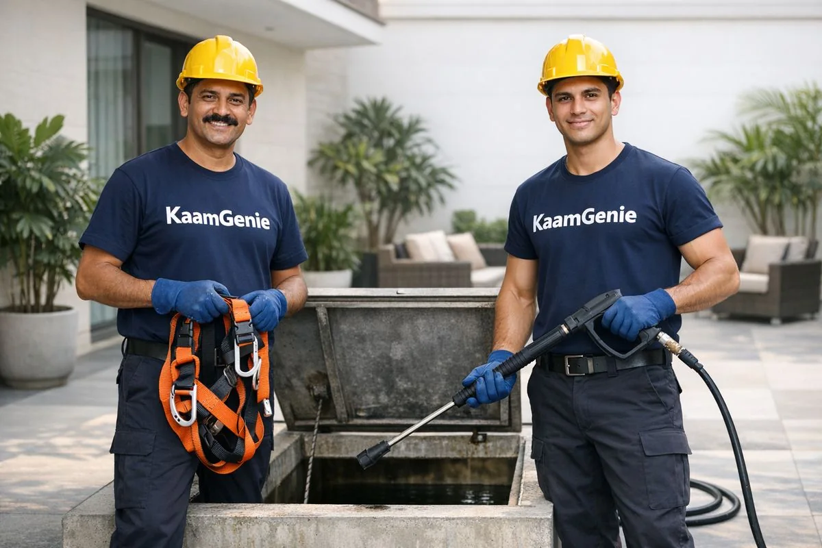 KaamGenie crew at the open hatch of a residential underground sump in Delhi, holding safety harness and high-pressure cleaning lance