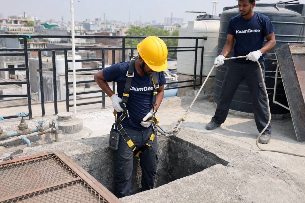 KaamGenie crew member strapping into a safety harness with gas meter and hard hat before descending into a Delhi sump - standby crew member holds the rope outside