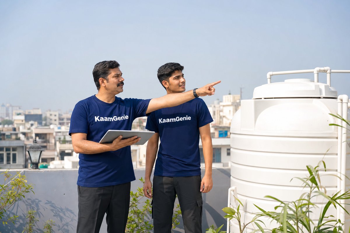 KaamGenie crew Delhi rooftop par pani ki tanki saaf karte hue