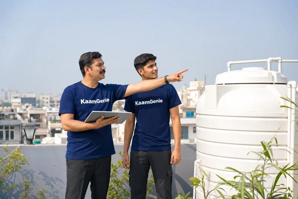 KaamGenie crew Delhi rooftop par pani ki tanki saaf karte hue