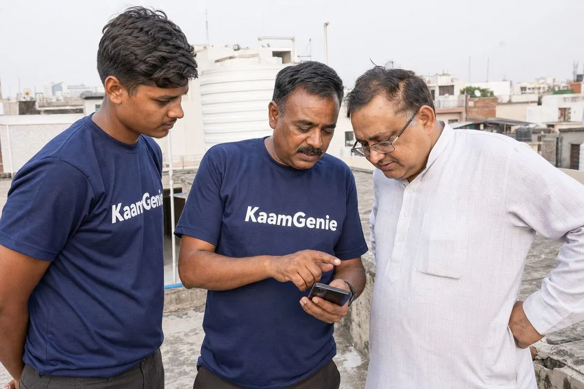 KaamGenie crew customer ko WhatsApp pe before/after photos dikhata hua