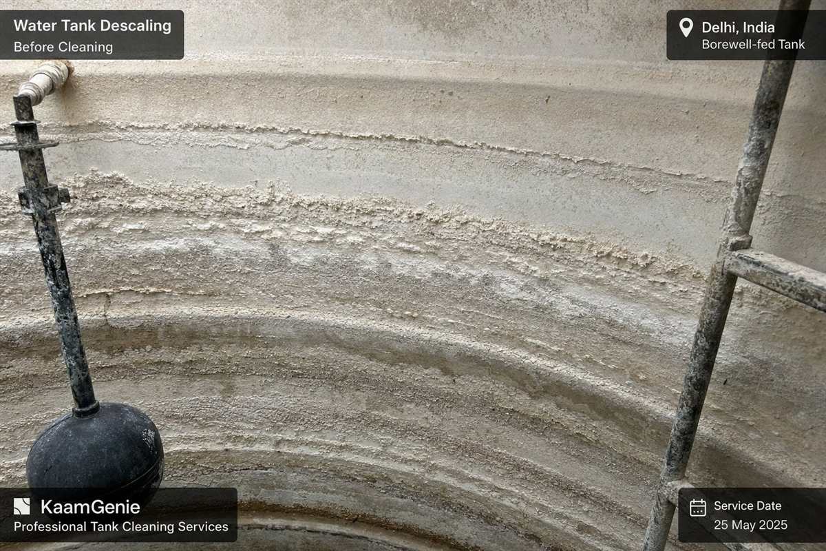Close-up documentary photo of white chalky hard-water scale crusted inside a Delhi borewell-fed water tank wall before KaamGenie descaling