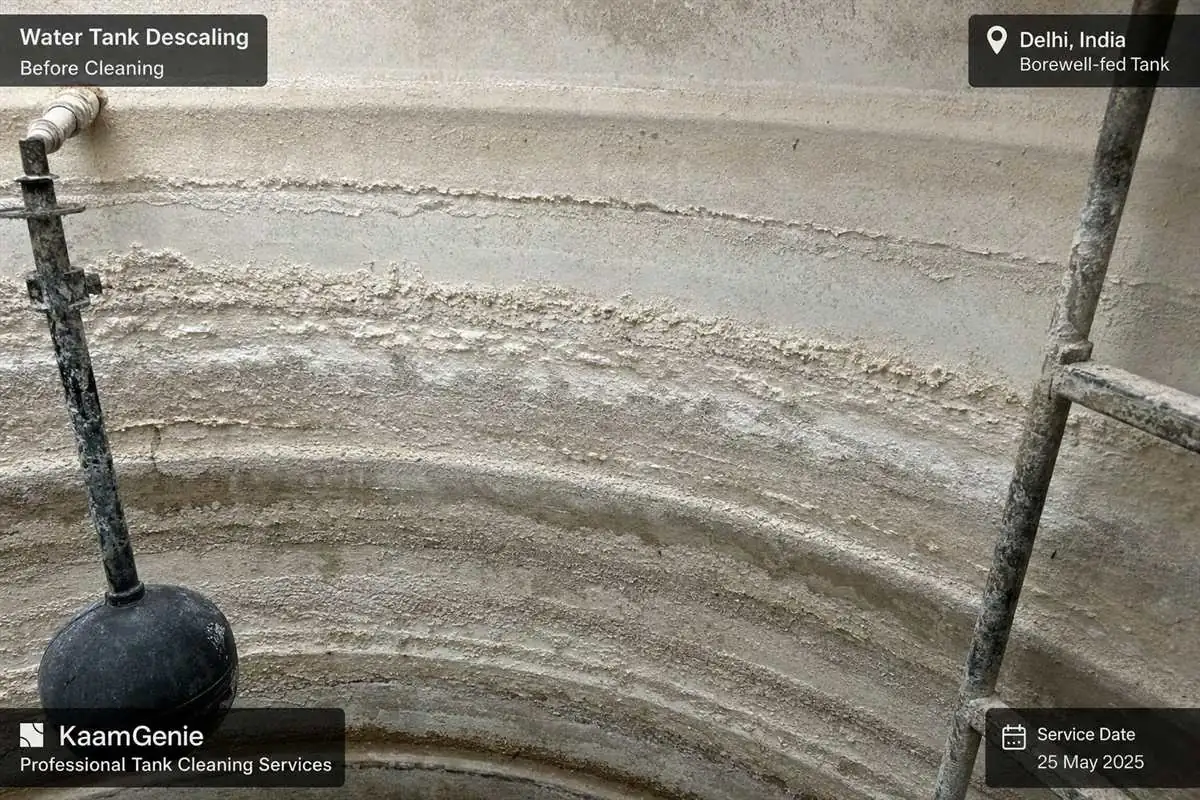 Close-up documentary photo of white chalky hard-water scale crusted inside a Delhi borewell-fed water tank wall before KaamGenie descaling