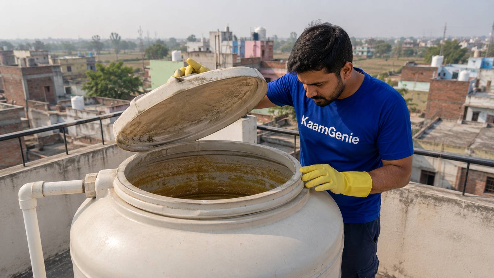 A borewell-fed water tank in an outer Delhi colony with visible white mineral scale on the inside walls, KaamGenie crew member inspecting before cleaning