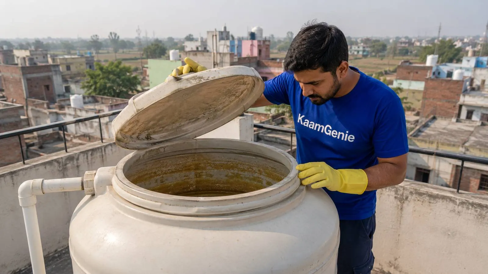 A borewell-fed water tank in an outer Delhi colony with visible white mineral scale on the inside walls, KaamGenie crew member inspecting before cleaning