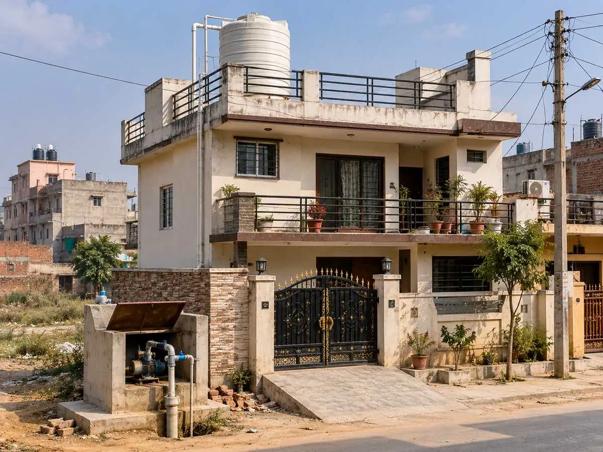A typical outer Delhi residential rooftop in Narela or Bawana with a borewell motor visible at ground level, a water tank on the rooftop, and the lower-rise neighbourhood character of outer Delhi visible in the background