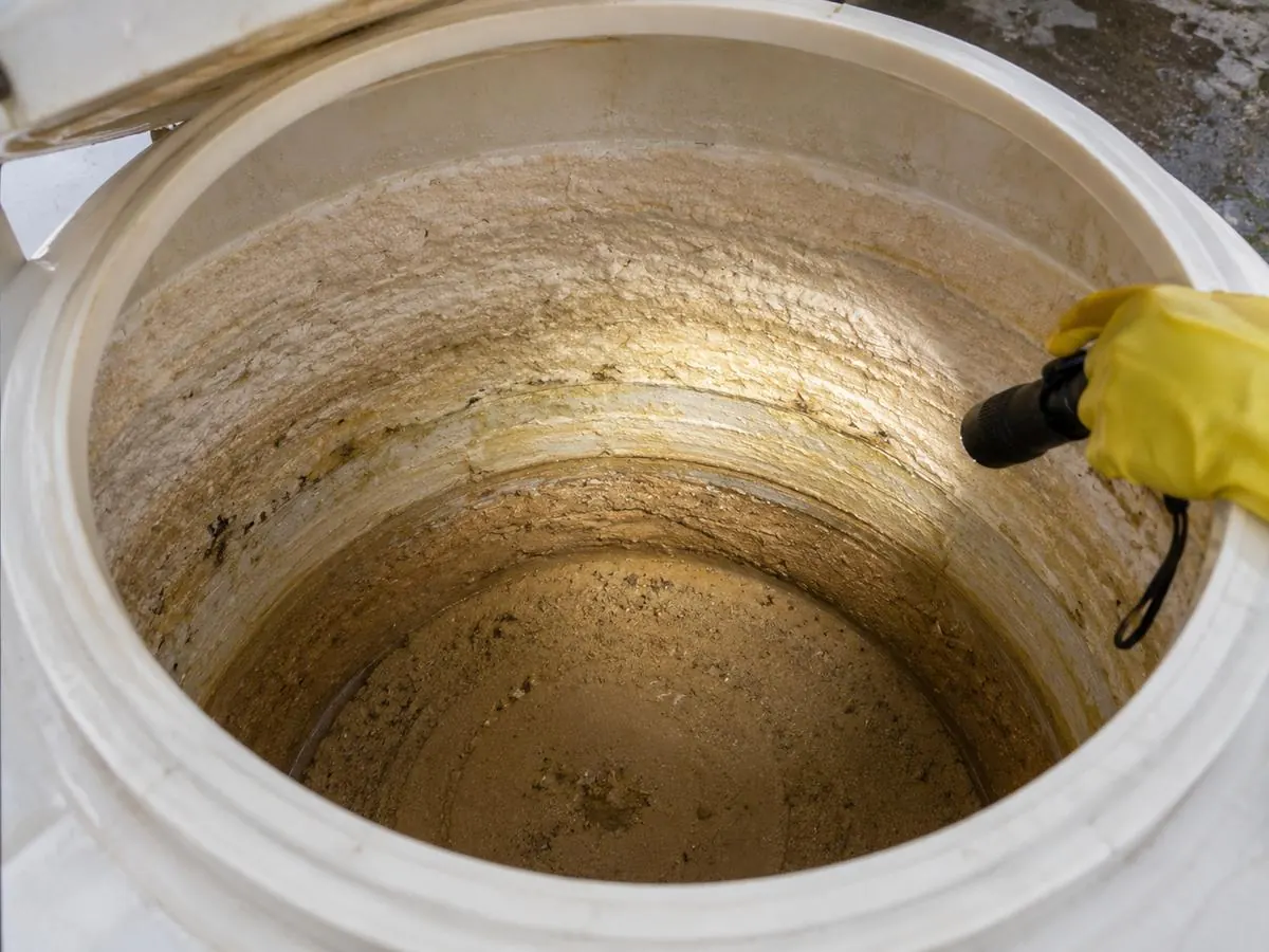 Inside view of a residential overhead water tank showing thick white mineral scale on the walls and yellowed sediment at the bottom, typical of borewell-fed tanks in outer Delhi areas like Narela or Bawana