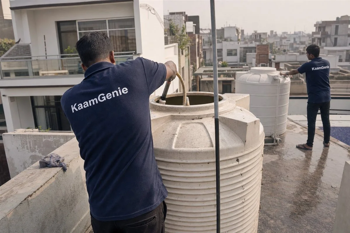 KaamGenie crew member in a navy shirt cleaning a borewell-fed rooftop water tank at a Gurgaon home