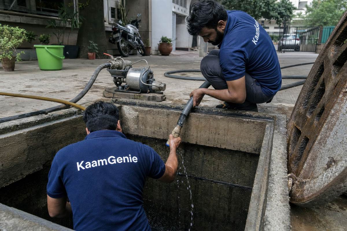 Two KaamGenie workers in navy shirts scrubbing hard-water scale and iron deposits from inside an underground borewell-fed tank in Gurgaon