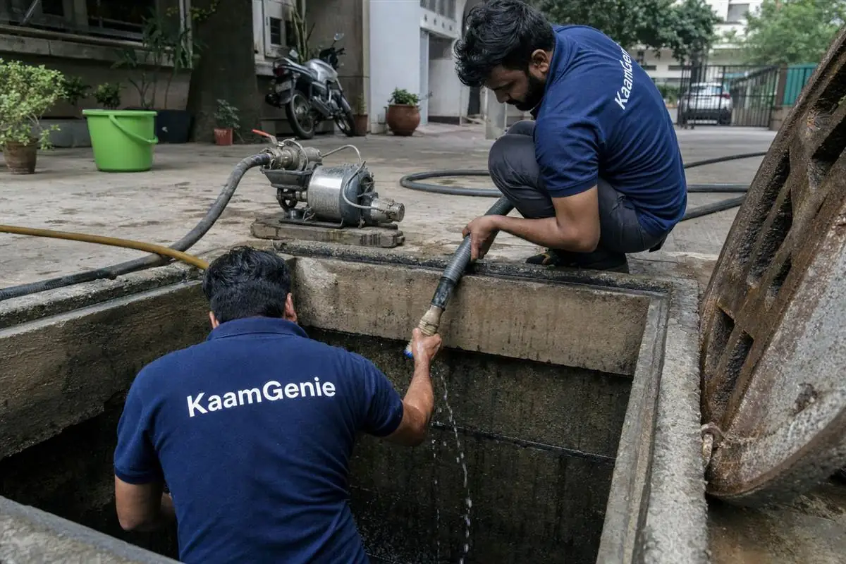 Two KaamGenie workers in navy shirts scrubbing hard-water scale and iron deposits from inside an underground borewell-fed tank in Gurgaon