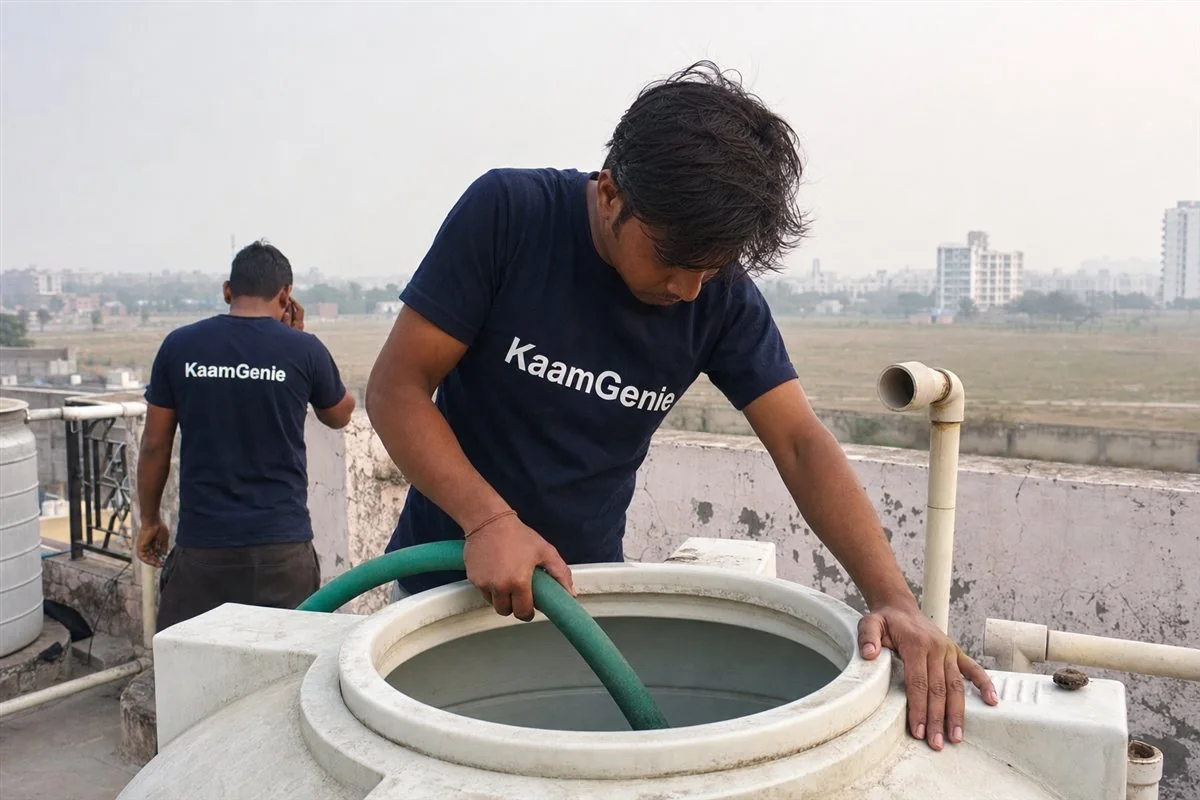 KaamGenie crew member in a navy shirt cleaning a rooftop water tank fed by borewell groundwater in a Greater Noida home, iron staining visible inside the tank