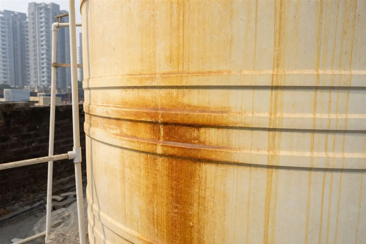 Close-up of orange-brown iron staining and hard-water sediment crusted on the inside wall of a borewell-fed water tank in Noida