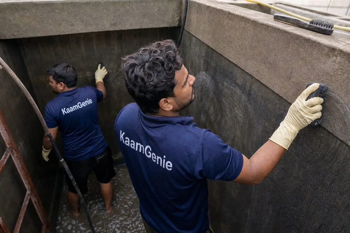 Two KaamGenie crew members in navy shirts scrubbing iron and hard-water scale from the walls of an underground reservoir in Greater Noida